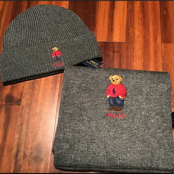 Polo Ralph Lauren Collectable Navy Blue Teddy Bear Scarf Beanie Hat Set NWT